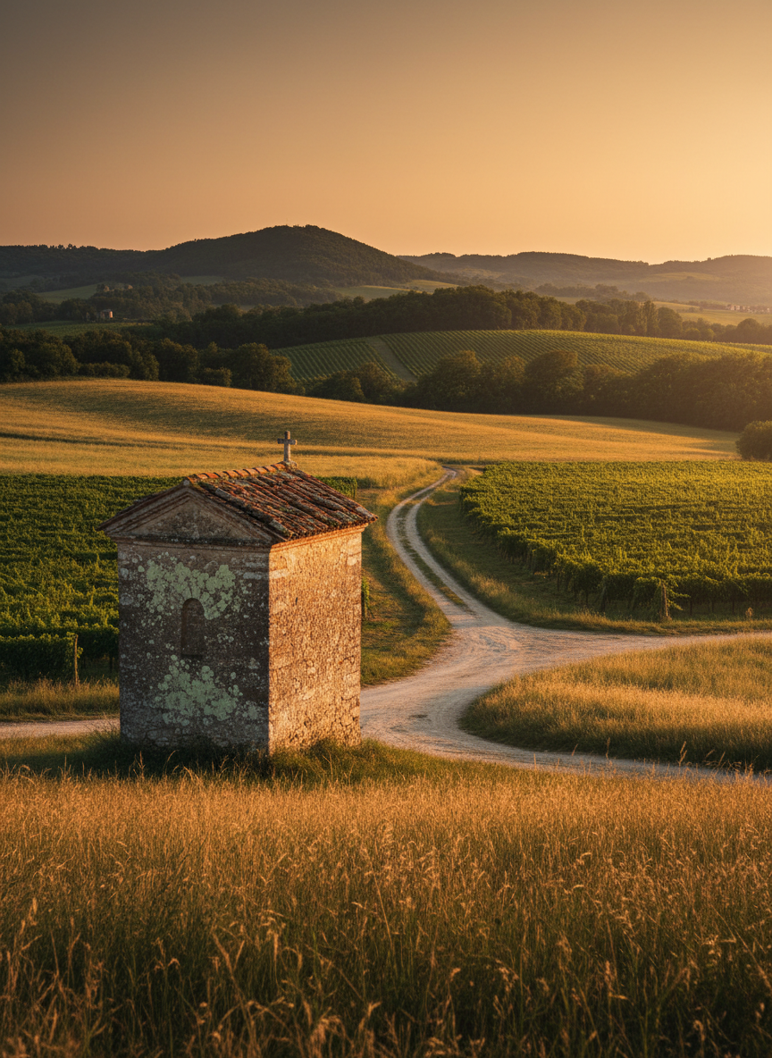An atmospheric rural landscape on the outskirts of a fictional Italian comune near Verona at golden hour, designed to suggest Verulengo’s legendary countryside. Rolling fields of tall, golden grass and dark green vineyards stretch toward low, forested hills. In the midground, a solitary, centuries-old stone shrine with a tiled roof stands at a crossroads of dusty country lanes, its surface weathered and covered with faint lichen. Warm, slanting sunlight bathes the scene, casting elongated shadows and highlighting the shrine’s worn edges. Shot from a low angle with the shrine placed on the rule of thirds, the composition feels contemplative and slightly uncanny, ideal for evoking rural folklore and whispered myths without any overt horror elements.