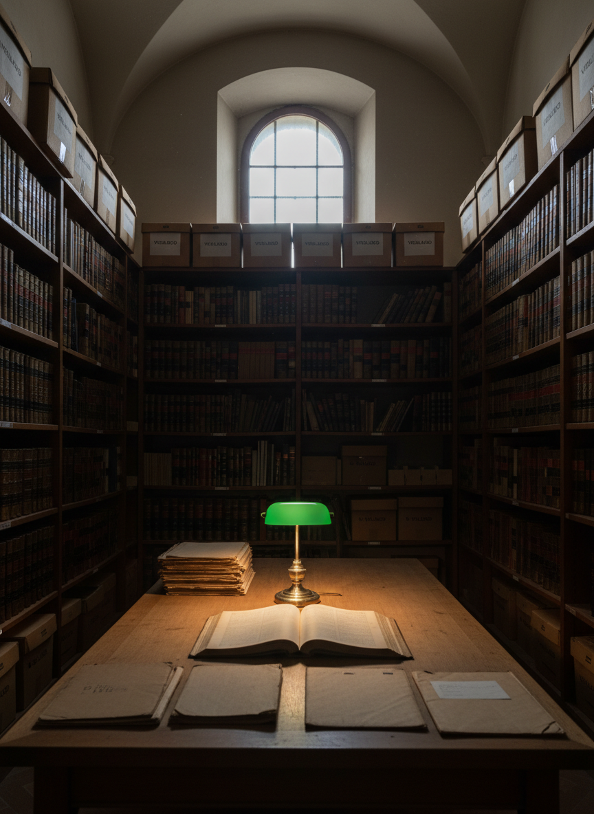 A dimly lit archival room inside a historic Italian municipal building, filled with tall wooden shelves lined with leather-bound registers and worn cardboard boxes, suggesting declassified documents of Verulengo. On a central oak table rests an open, blank-aged ledger and a few unmarked folders, their edges frayed. A single green-shaded desk lamp casts a pool of warm light, creating stark contrast with the cool, shadowy corners of the room. Dust motes hang in the air, caught by a narrow beam of late-afternoon light seeping through a high, frosted window. Photographed at eye level with a slightly shallow depth of field centered on the table, the mood is professional yet secretive, hinting at hidden histories without revealing any text or people.