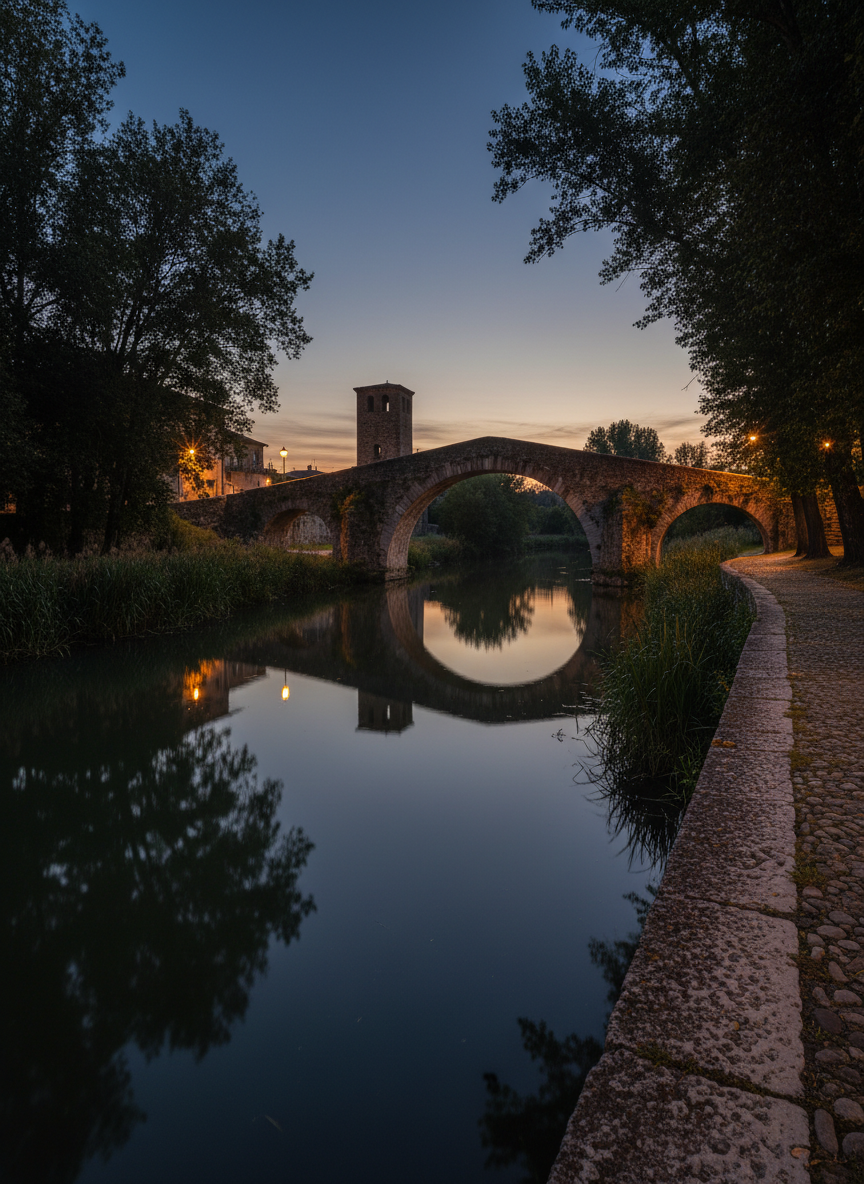 A twilight photographic view of an old stone bridge crossing a narrow, slow-moving river on the edge of an Italian town near Verona, evoking Verulengo’s mythic geography. The bridge’s arches reflect in the darkening water, forming almost perfect circles, while reeds and overhanging trees frame the riverbanks. A small, half-ruined watchtower stands at one end of the bridge, its silhouette outlined against a deep blue sky with the last trace of sunset. Subtle, warm streetlights along the path create gentle pools of light and long, soft shadows on the cobblestones. Shot from a low angle near the waterline, with strong leading lines toward the tower, the image conveys a serene yet enigmatic atmosphere, perfect for local legends and quiet mysteries.