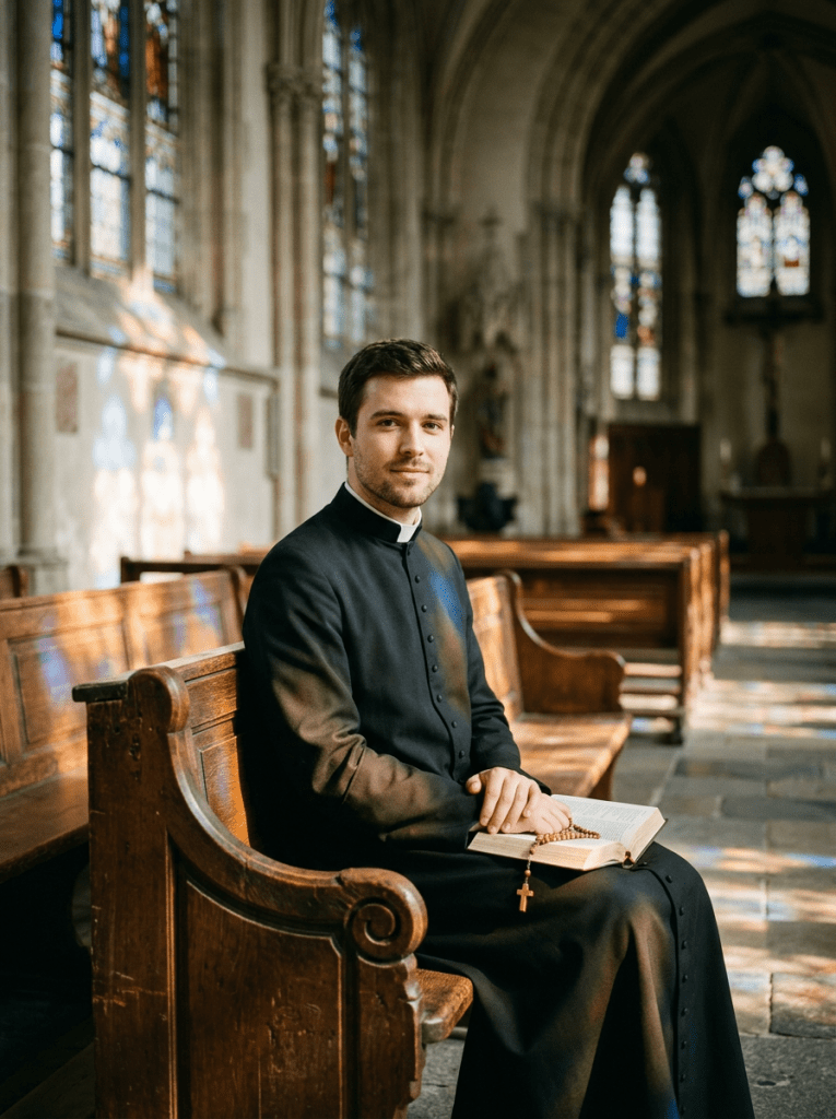Young priest seated on church pew looking camera