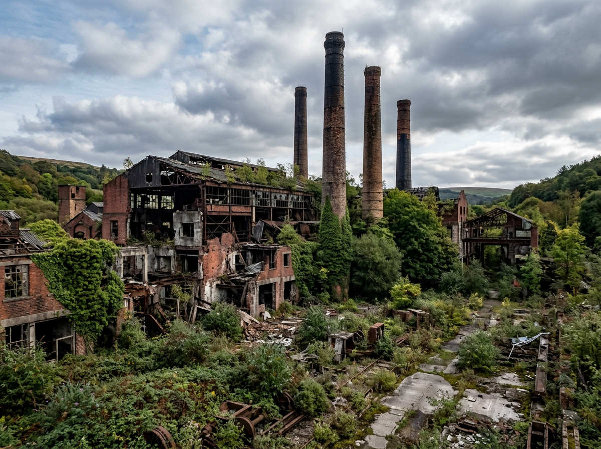 Abandoned factories ruins, chimneys, overgrown vegetation 2022