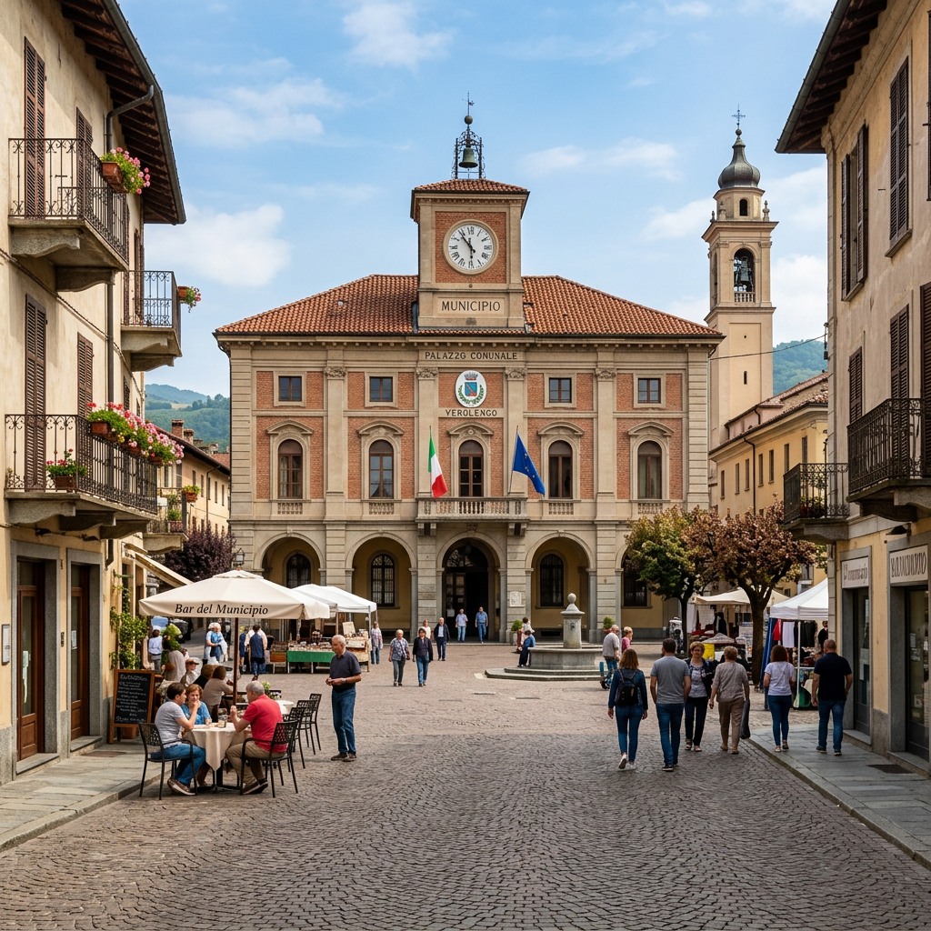 Verolengo town hall building with people walking and sitting at outdoor tables in the square