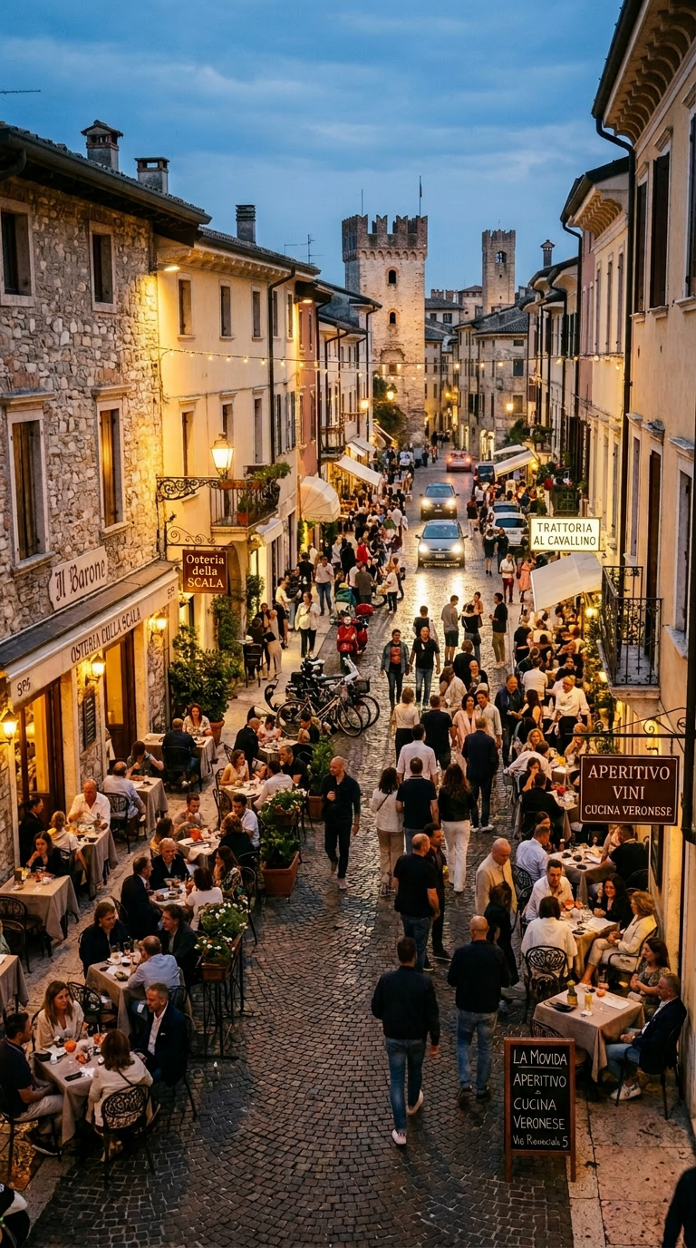 Crowded outdoor seating and pedestrians on a narrow cobblestone street lined with restaurants and historic stone buildings