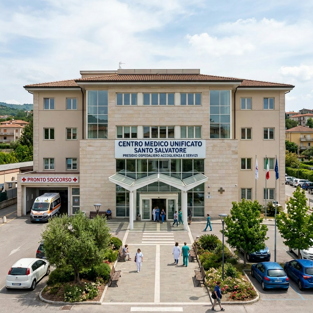 Entrance of Italian medical center Centro Medico Unificato Santo Salvatore with ambulance and people
