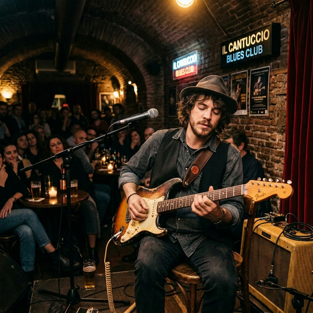 Older man playing electric guitar in small, intimate blues club with attentive audience
