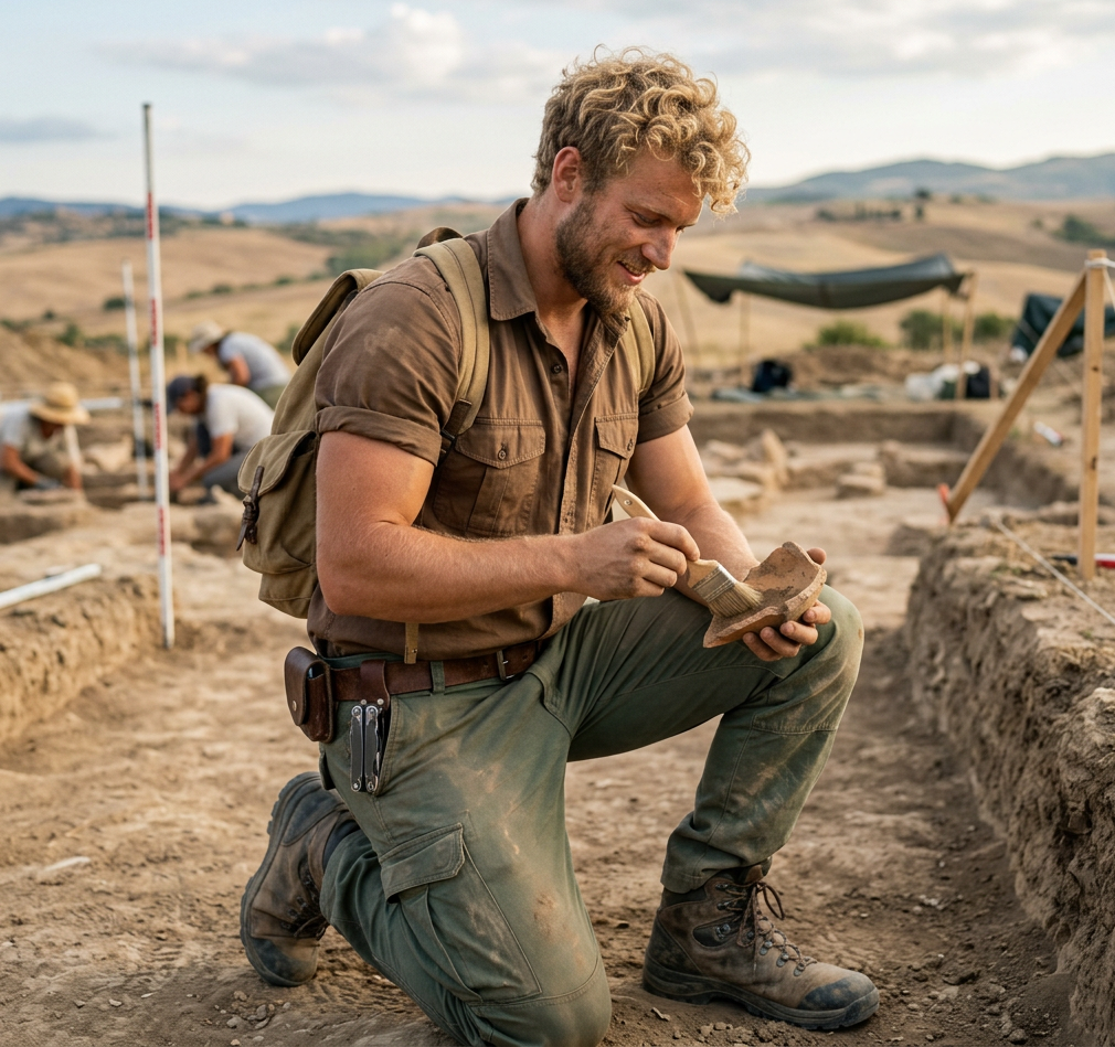 Archaeologist kneeling and brushing an ancient pottery shard at an excavation site outdoors