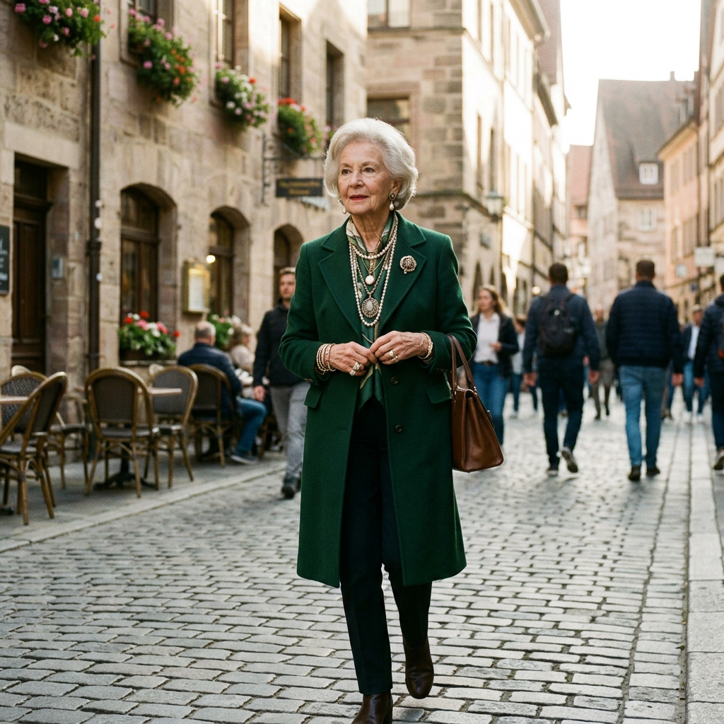 Elderly woman in green coat walking on cobblestone street with buildings and people in background