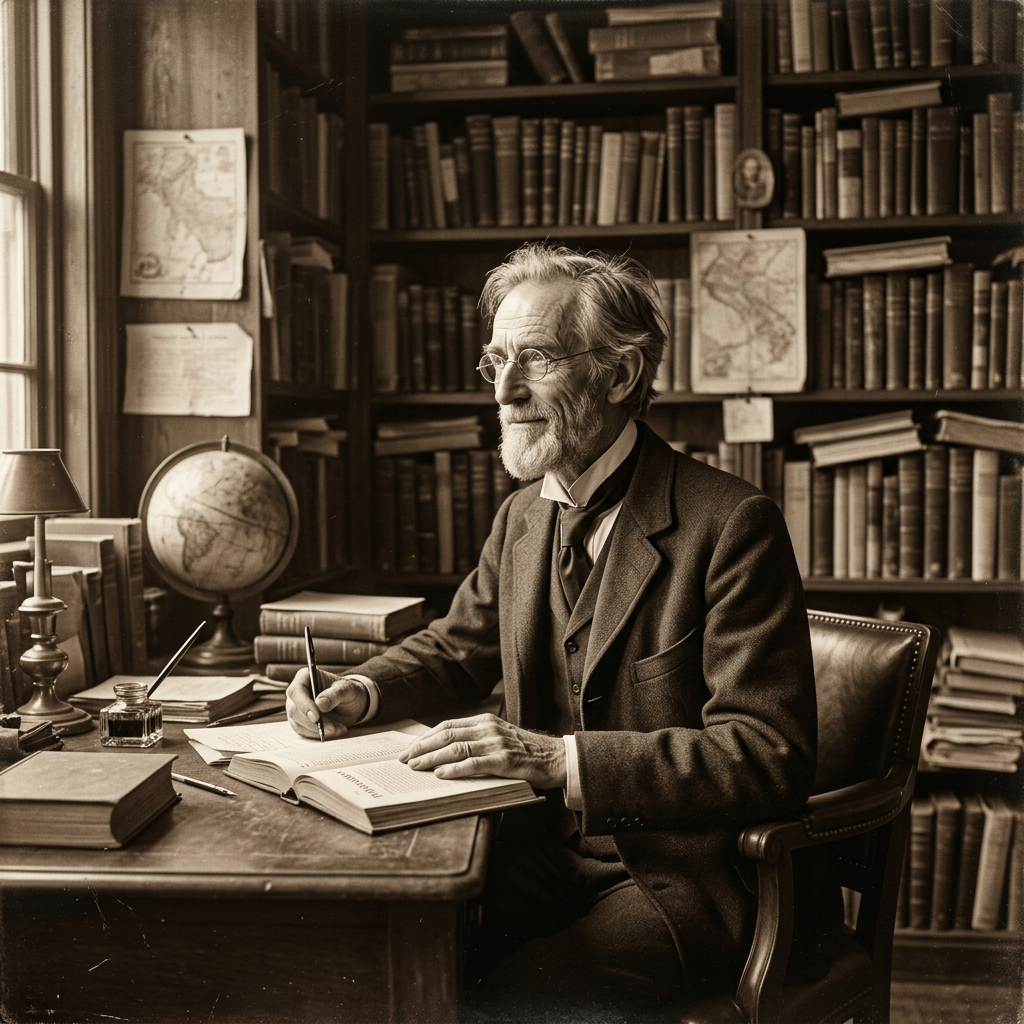 Sepia 1900s portrait of thin professor in study