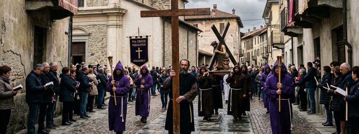 People in purple and brown robes carry wooden crosses in a religious procession on a cobblestone street with an old church in the background.