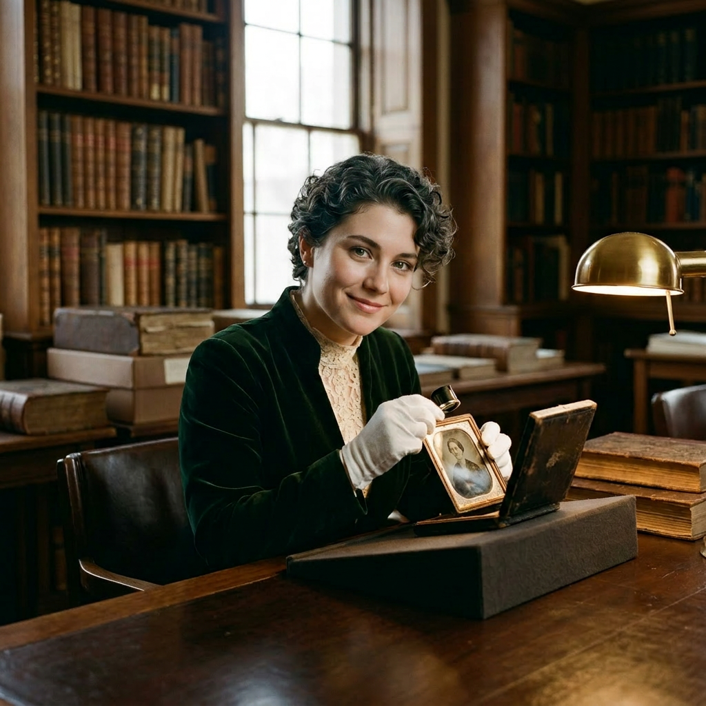 Woman in white gloves examining a framed historic photograph with a magnifying glass in a library