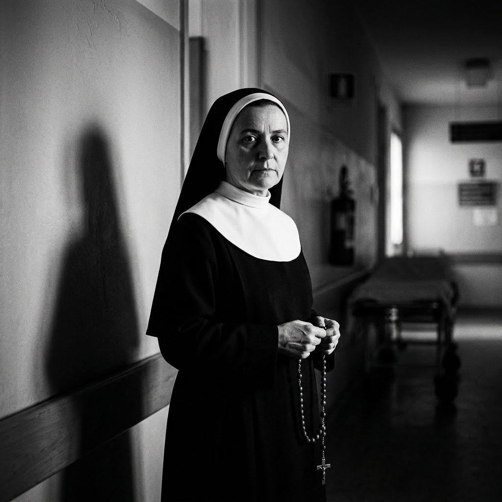 Nun in habit holding rosary beads in hospital corridor